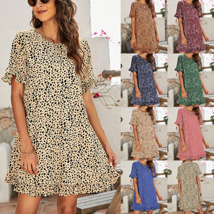 Leopard Print Round Neck Short Front And Back Long Ruffle Dress Women