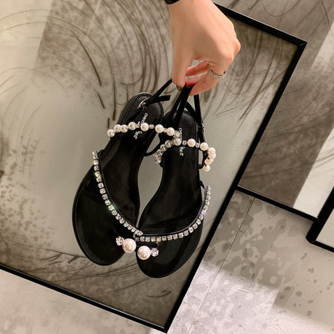 Women's Rhinestone Pearl Thong Flat Sandals