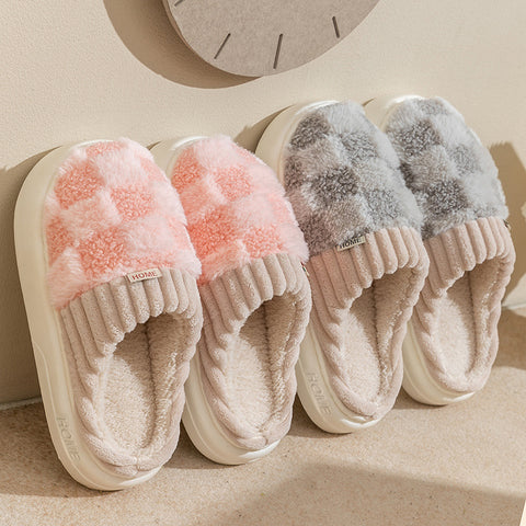 Plaid Plush Slippers Women's Indoor Plush Home Slippers Soft Sole Thick Non-Slip Warm House Shoes Couple Autumn And Winter