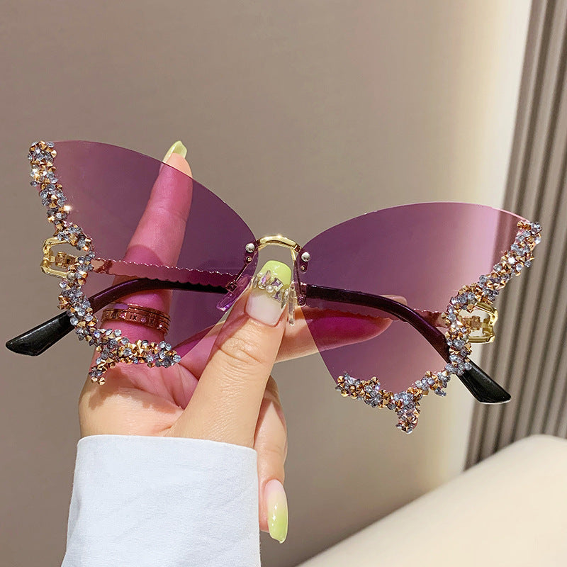 Luxury Diamond Butterfly Sunglasses Women Brand Y2K Vintage Rimless Ov JC